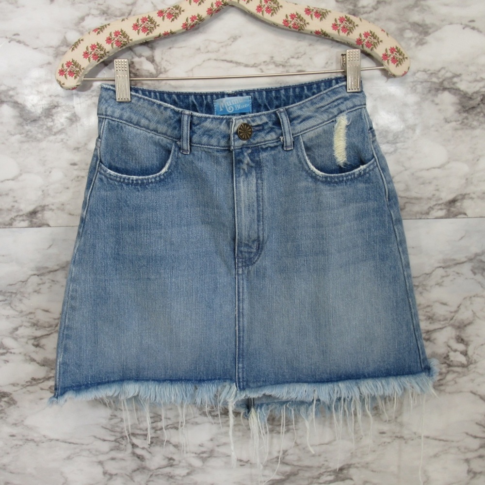 Show Me Your MuMu Atlanta A Line Frayed Denim Mini Skirt Size 25